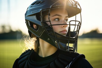 Female catcher in black helmet on sunny day during baseball game