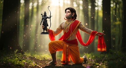 Hanuman devotee holding ram statue in forest hindu mythology indian god bhakti devotion faith