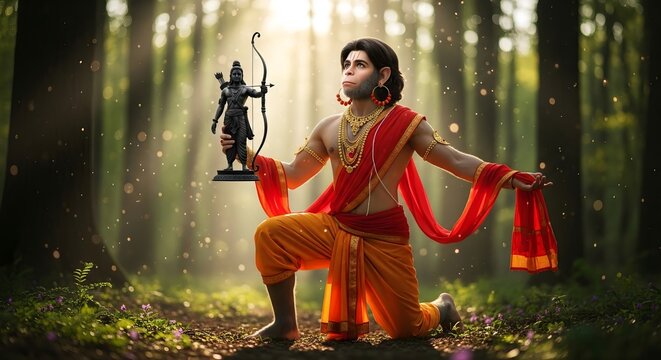 Hanuman devotee holding ram statue in forest hindu mythology indian god bhakti devotion faith