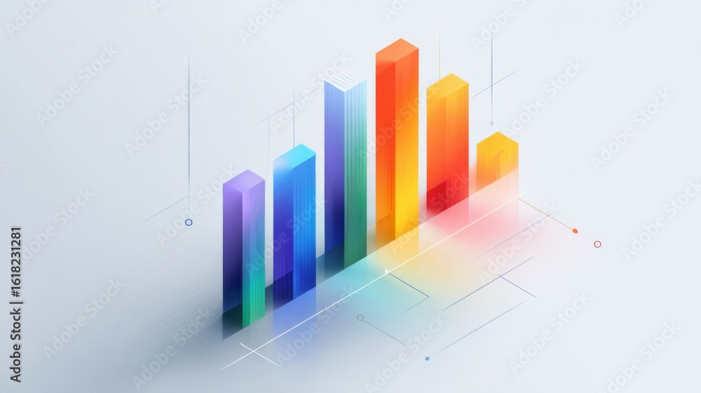 Poster a minimalistic d bar graph with a transparent background, featuring colorful bars with sleek lines, 