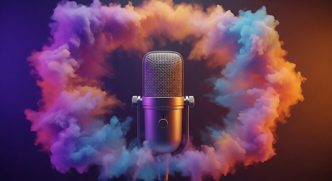 Colorful vapor surrounding a podcast mic