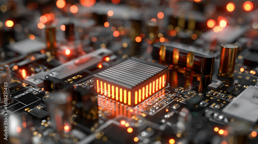 Poster close-up of a glowing computer microchip on a motherboard, symbolizing technology and data.