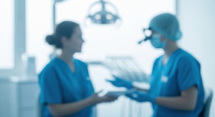 Two dental professionals in conversation, blurred scene inside bright modern clinic environment
