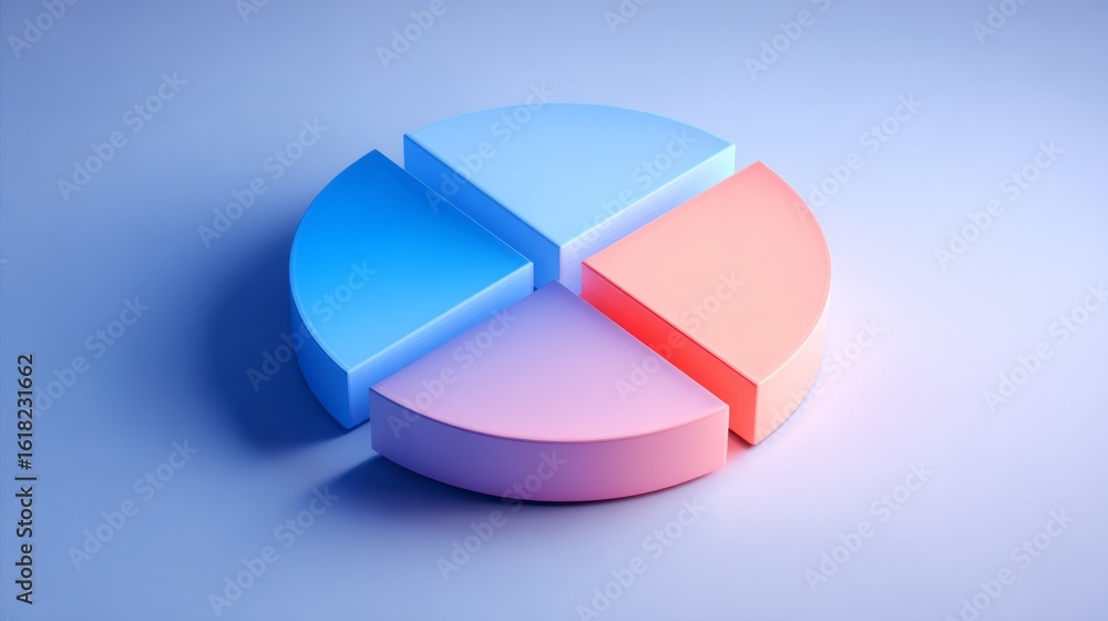 Poster a minimalist d pie chart with clearly defined segments in bold colors, displayed on a smooth gradien