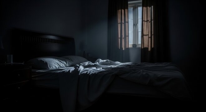 Empty bed with white sheets partially illuminated by light coming through a window during the night. Gloomy interior concept.