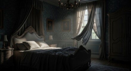 Dark bedroom interior with classical furniture. Dim light filtering through window. Mysterious room with antique bed and dramatic curtains for design.