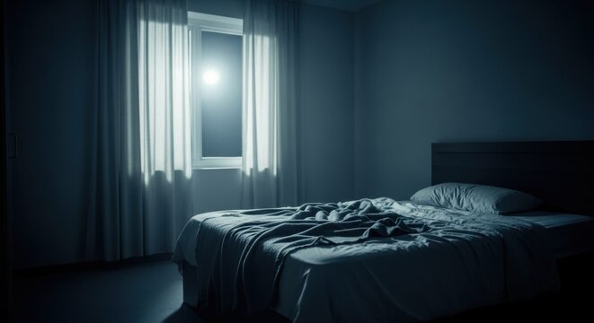 A bedroom in dark tones, with a full moon visible through the window, creating a serene and melancholic night ambiance.