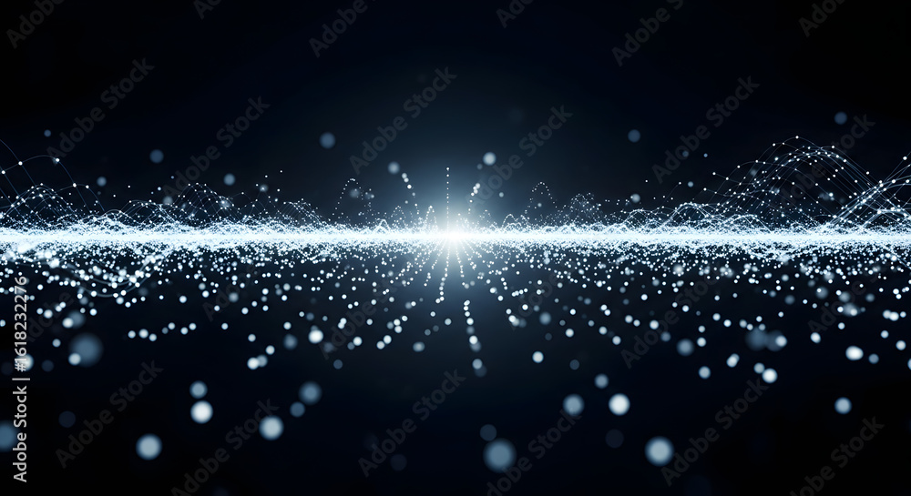Poster abstract digital landscape with bright light and particle-based waves, dark background.