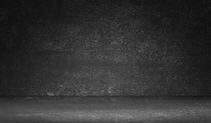 Empty Dark Concrete wall room Studio Background and rough Floor perspective well editing montage displays Product Stage and text present on black, Backdrop Background