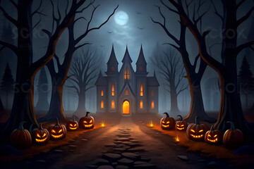 Spooky Halloween Pathway Lined with Glowing Pumpkins Leading to Haunted Houses Under a Full Moon