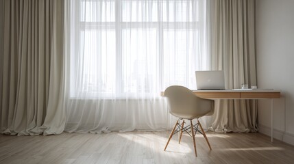 A minimalist home office with a slim desk, a stylish chair, and an open laptop, surrounded by clean white walls and soft, neutral tones