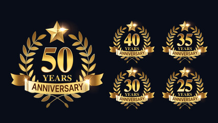 Gold Anniversary Badge Set – 25, 30, 35, 40, and 50 Years Celebration Logos with Laurel Wreath, Ribbon, and Shining Star Vector Design