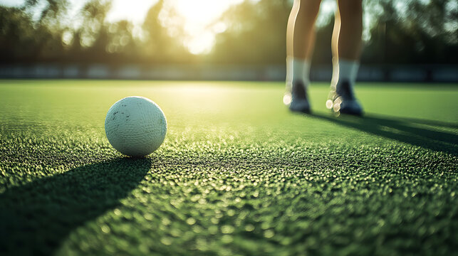 A field hockey ball on artificial turf, with a player's legs visible in the background. Sport and recreation concept. - Powered by Adobe
