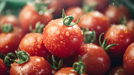 Fresh cherry tomatoes covered in water droplets. Close-up of ripe red vegetables.