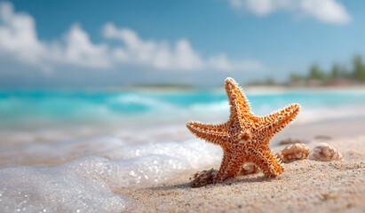 Starfish on a sandy tropical beach.Summer concept