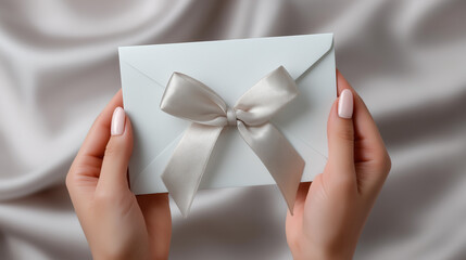 Hands holding an elegant white envelope with a satin ribbon bow on a gray background.
