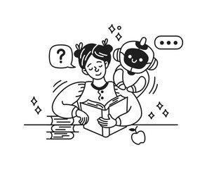 Illustration of a girl with a book and a artificial intelligence, in a playful and educational setting. Black and white style, suitable for learning themes. Perfect for educational content.