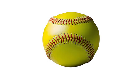 Close-up image of yellow softball with bold red stitching isolated on clean white background