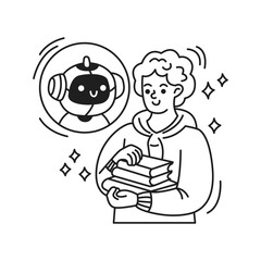 Black and white illustration of a happy student holding books. A smiling artificial intelligence appears in a thought bubble. Simple line art conveys learning and technology themes.