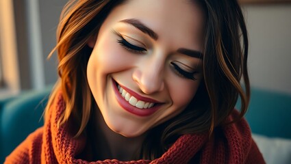 Close up portrait of a young woman smiling with eyes closed in warm light