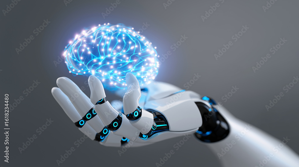 Poster robotic hand holding a glowing digital brain symbolizing artificial intelligence and technology.