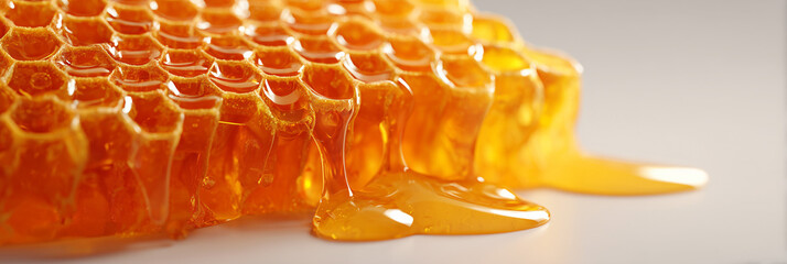 Close-up of realistic bee honeycomb, golden honey dripping, isolated on pure white background.