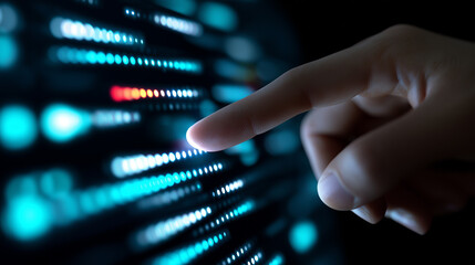 Finger touching a futuristic digital interface with glowing blue data lights.
