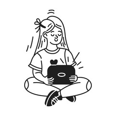 Obraz premium Cute girl sitting crosslegged while using a tablet. Simple black and white line art gives a minimalist look. Perfect for techrelated illustrations.