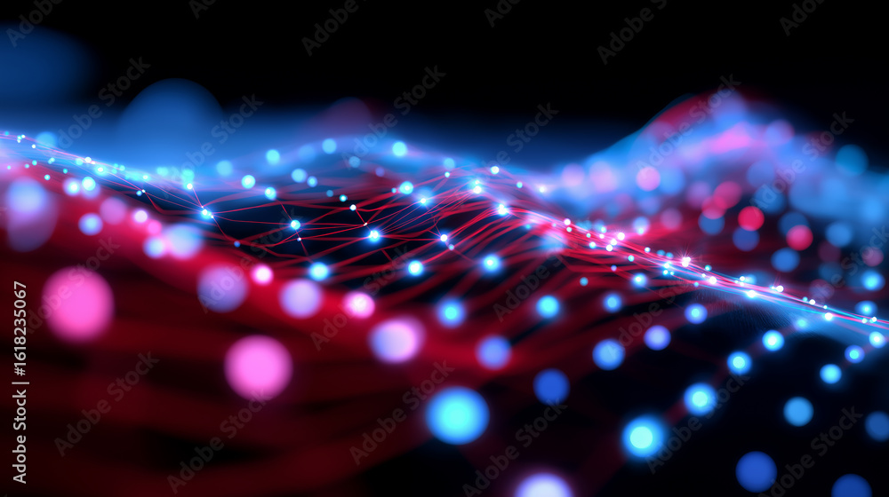 Poster abstract visualization of a digital network with glowing blue and pink nodes and lines.