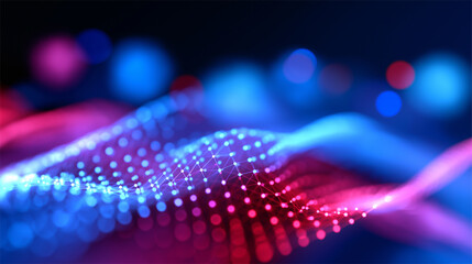 Abstract visualization of a digital network with glowing blue and pink nodes and lines.
