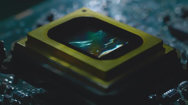 A video matrix located on the printed circuit board plays a clip. Closeup. Macro. Shallow depth of field