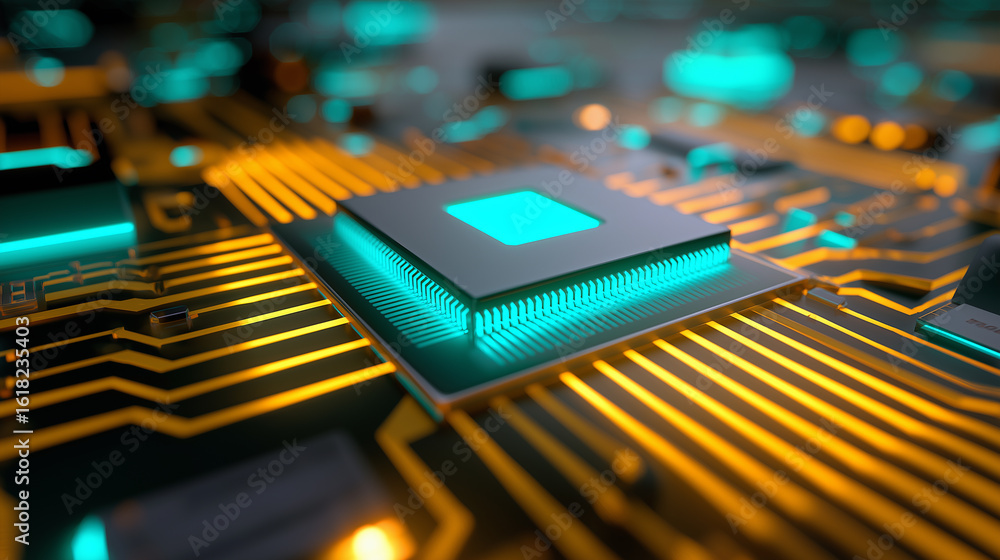 Aufkleber close-up of a glowing microchip on a printed circuit board with vibrant lighting.