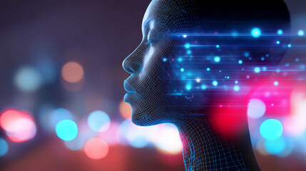 Digital concept of futuristic human head with flowing data lights and neon effects.
