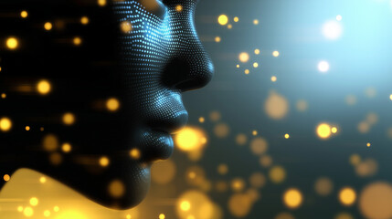 Abstract 3D rendering of a digital human face with glowing particles and futuristic lighting.
