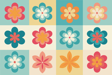 Retro flower pattern with teal yellow and pink color palette