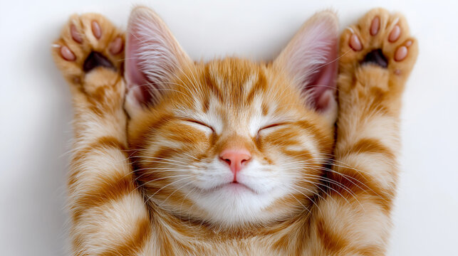 Adorable orange kitten lying on back with paws up, eyes closed in blissful sleep.
