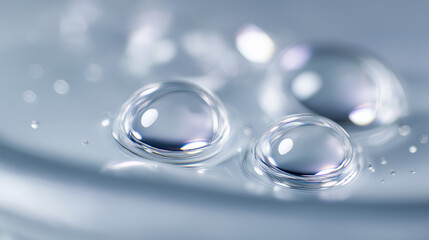 Macro shot of transparent water droplets on a smooth blue surface.
