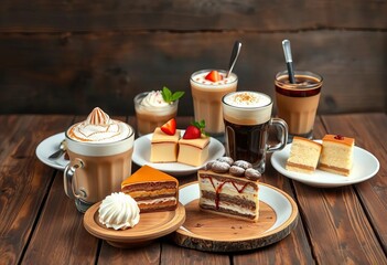 Assorted desserts & coffee drinks on rustic wood,  tempting,  rustic © Chavanlak