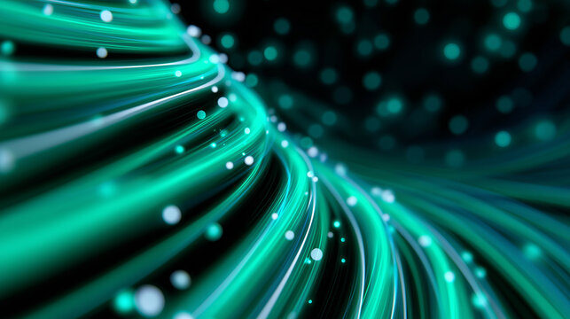 Abstract glowing green and blue light trails swirling in dark space.
