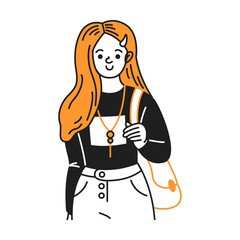 Doodle illustration of a young woman with orange hair and a backpack. She appears calm and content. The design uses simple black and white lines with orange accents.
