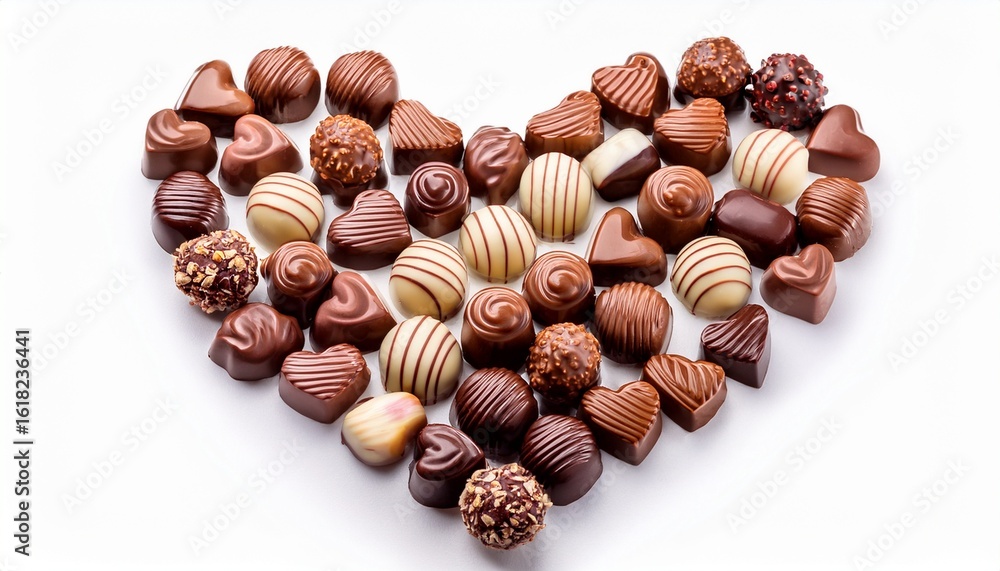 Poster assorted chocolate pralines arranged in heart shape isolated on white background