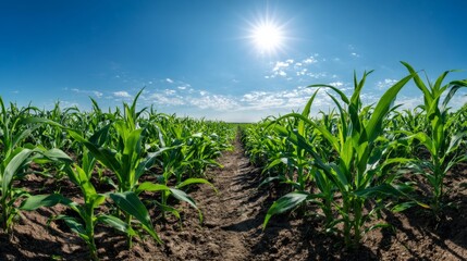 A panoramic view of a cornfield on a clear day, with the sun shining brightly over the lush green plants, creating a serene and vibrant agricultural landscape