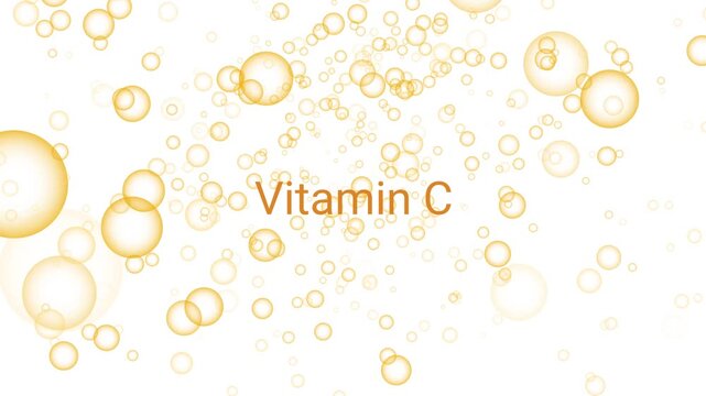 Orange and white pill from which vitamin c with bubble effect flies out. Good health and nutrition animation idea on white background. Medical Immunity protection. Medicine and drug concept.