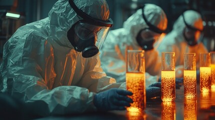 Team of Scientists in Protective Gear Conducting Experiments in Lab