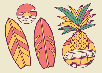 Colorful Retro Tropical Summer Icons Collection: Surfboard, Pineapple, Palm Trees Beach Scene, and Vintage Van for Vacation and Travel Designs