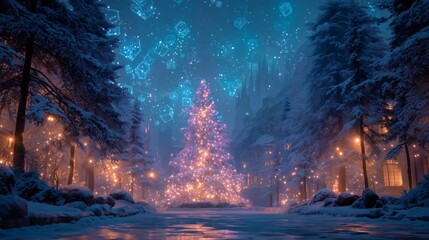 Fototapeta premium A festive, snow-covered landscape with a brightly lit Christmas tree.