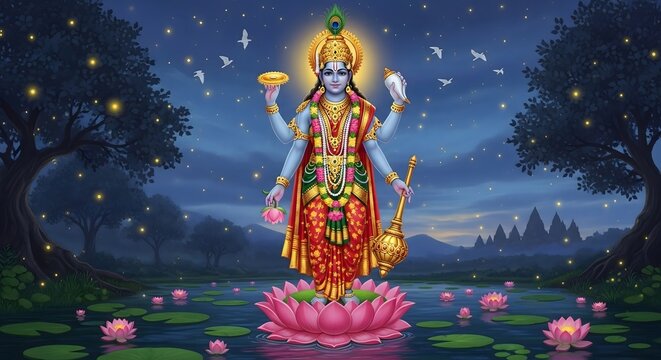 Vishnu hindu god lotus flower night scene spiritual deity indian mythology divine illustration art
