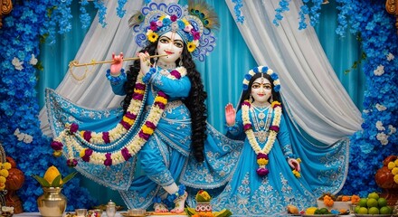 Beautiful krishna radha deities in blue attire with flute and peacock feather crown art