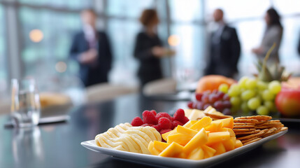 Elegant party hors d'oeuvres on a tray with formally dressed guests in background.
