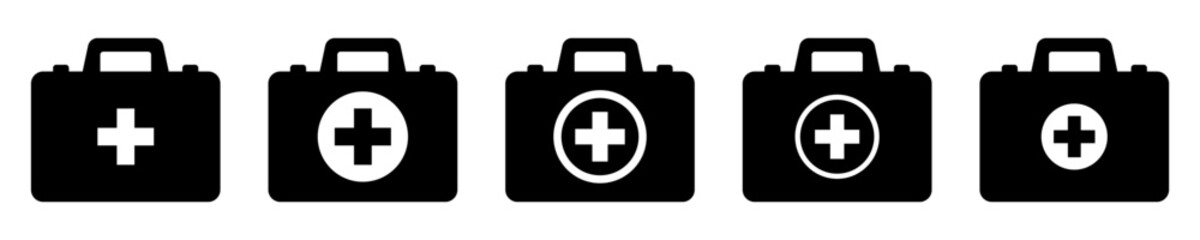 First aid box icon, medical briefcase icons set.